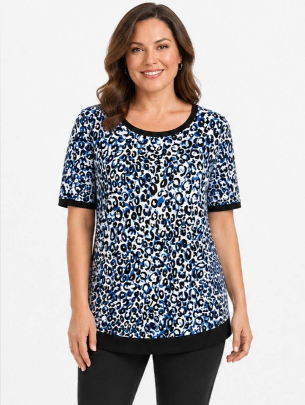 Kasper Blue, Black, & White Leopard Print Short Sleeve Top with Black Trim Sz XL